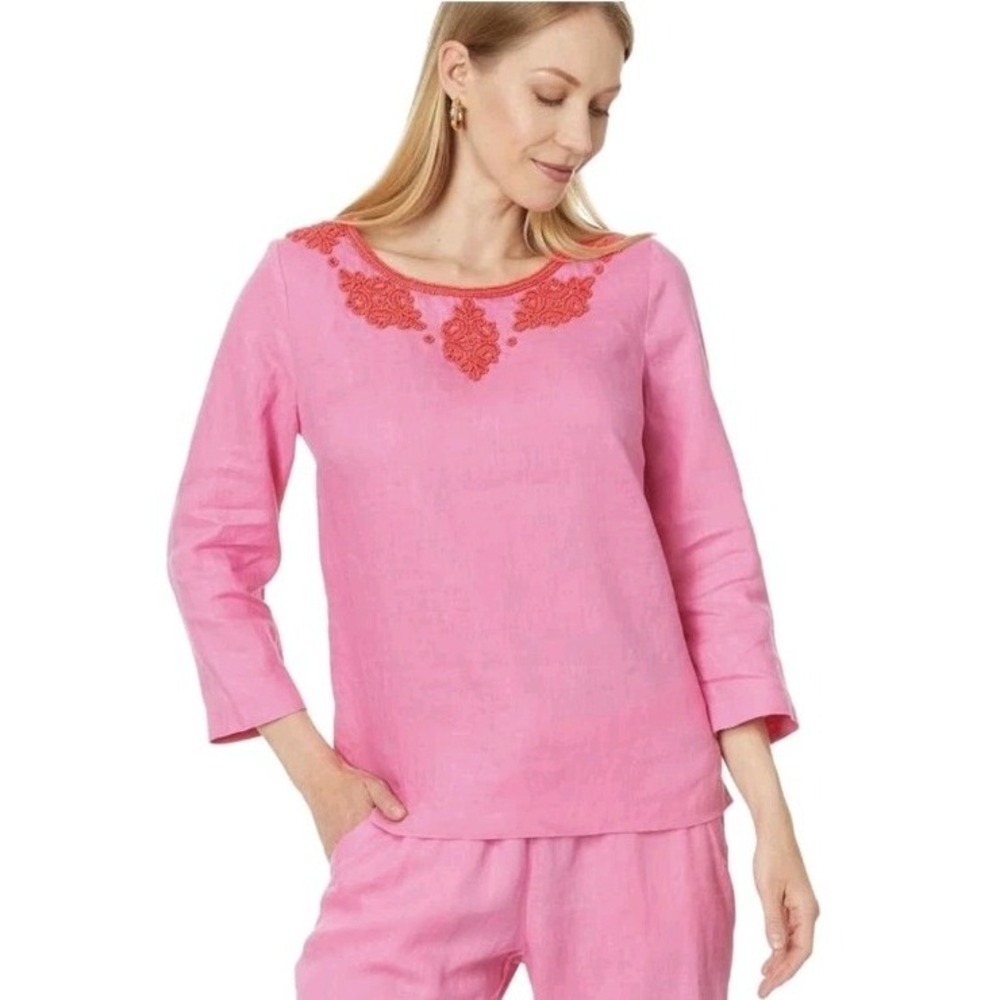 Lilly Pulitzer Pink Beaded Linen‎ Elyn 3/4 Sleeve 14 Blouse Embroidered Boho EUC